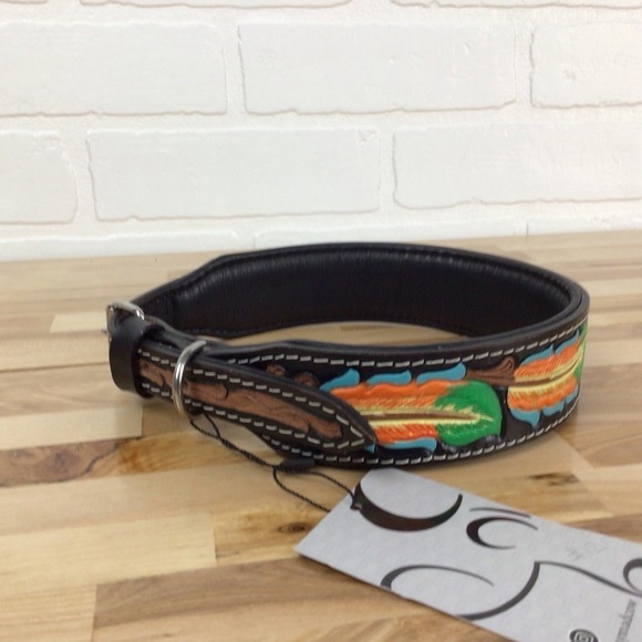 Mad Cow genuine leather jewelry dog collar handmade black green orange design - Picture 2 of 11